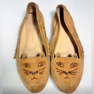 Charlotte Olympia Tan Suede “Kitty (cat) Face” Moccasins w/fringe! (Sz: 38/7)